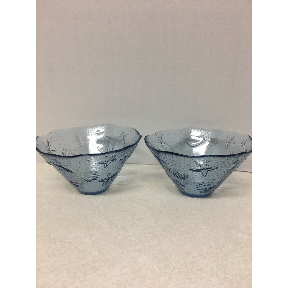 2 Blue Textured Glass  Ruffle Edge Serving Bowl 6" Sea Shells And Stars